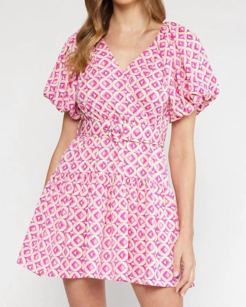 Front of a model wearing a size L Geo Print Mini Dress in Multi in Multi by entro. | dia_product_style_image_id:325990